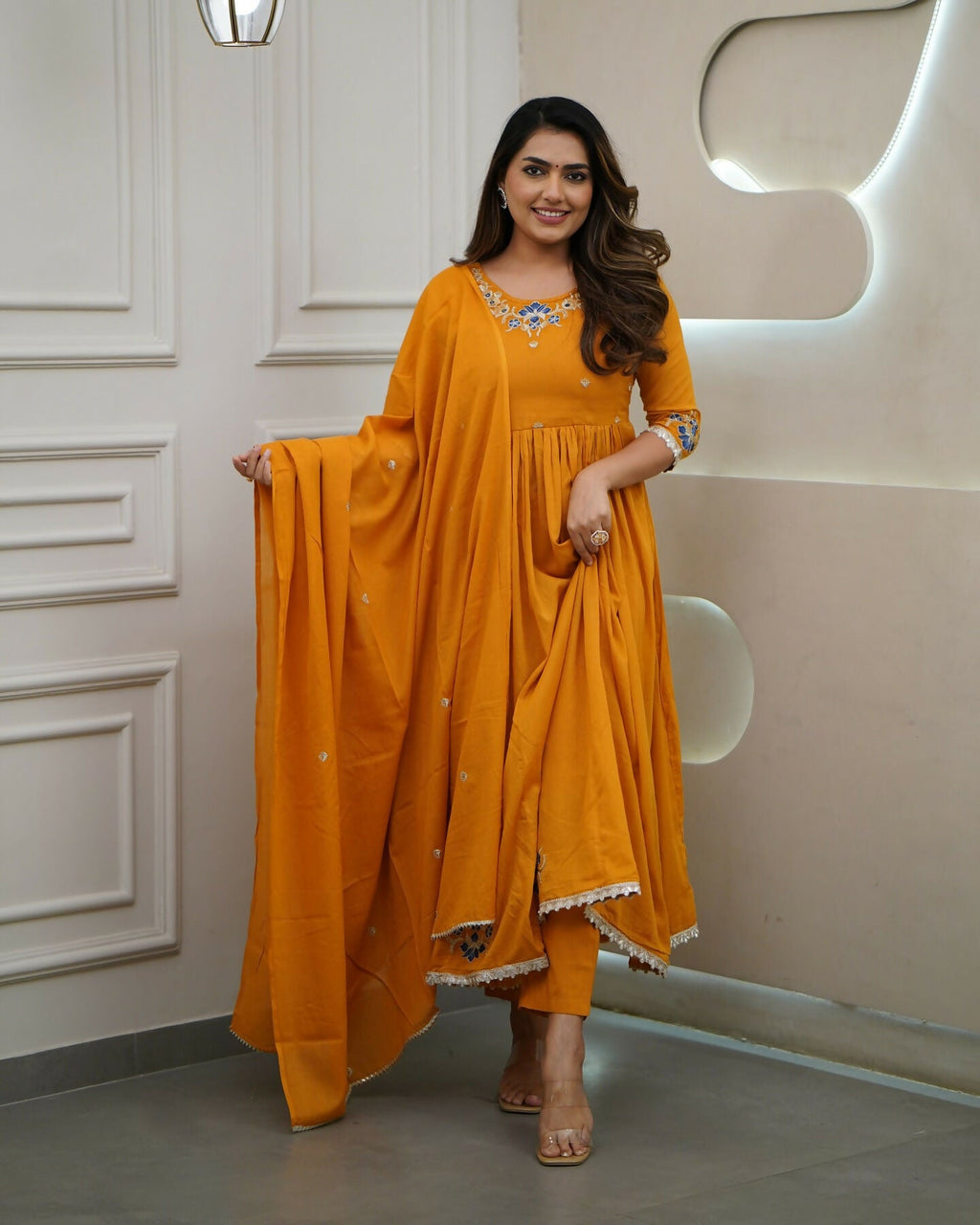 The52 Orange Women's Gorgeous Viscose Fabric Embroidered Work Flared Kurta Pant and Dupatta Set