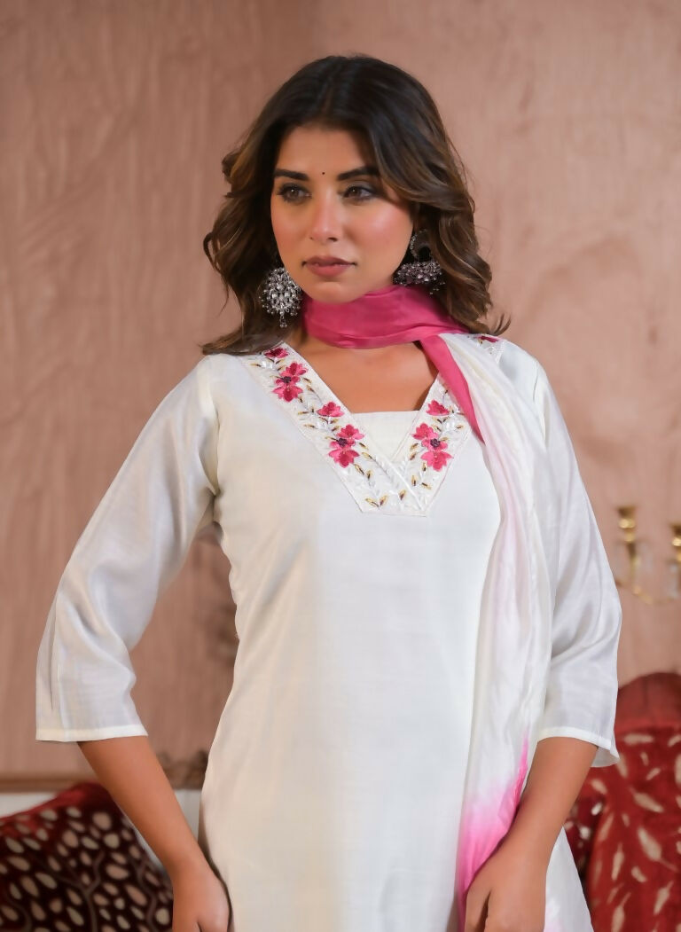 Ethnic Festive Wear Viscose Chanderi White Stitched Suit With Dupatta - Tanisha