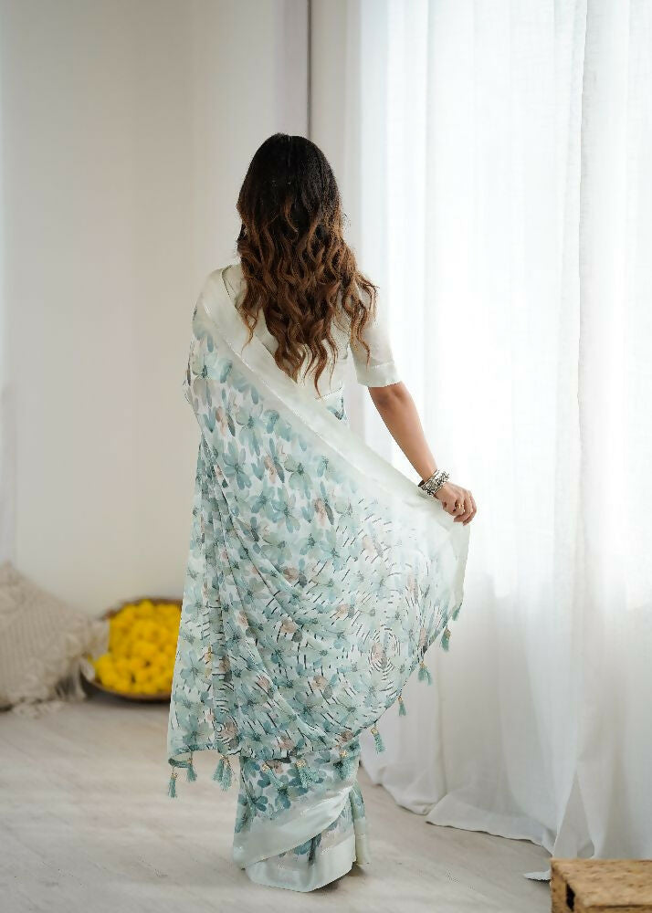 PR Fashion See_Green Bright Moss Satin Patta Printed Saree