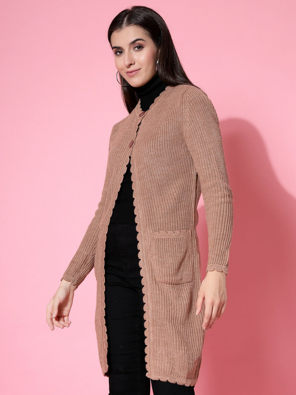 Women Self Design Long Brown Acrylic Winter Shrug - Wool Trees