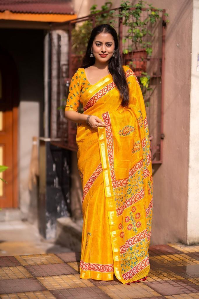 Mustard Silk Blend Geometric Saree with Unstitched Blouse - Hiral Fashion