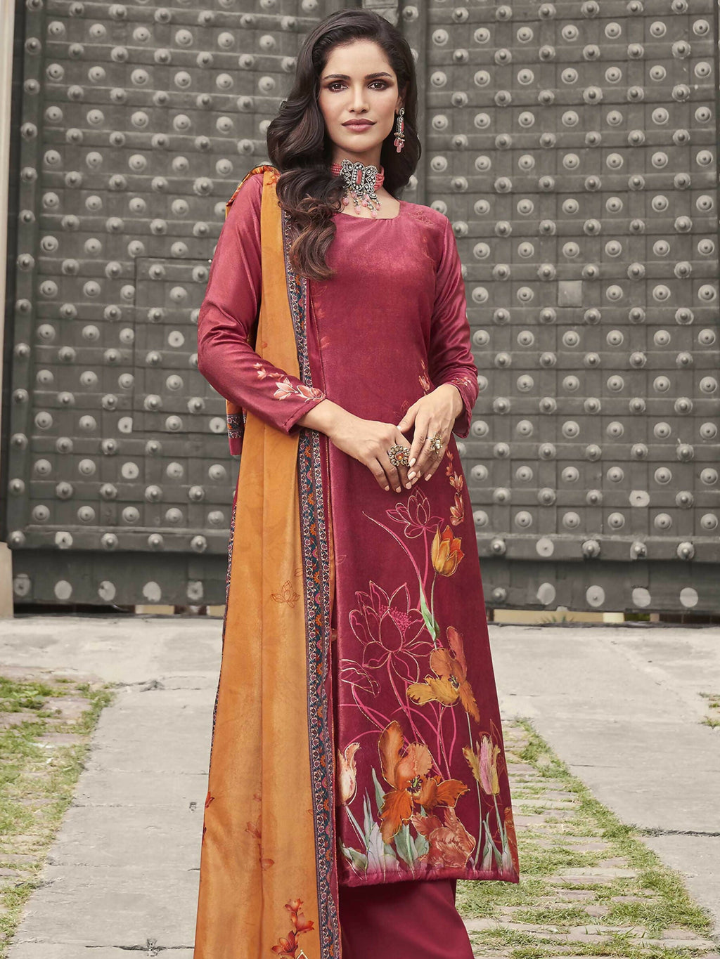 Jyoti Fashion Women's Red Velvet Floral Digital Printed Kurta with Trouser & Dupatta