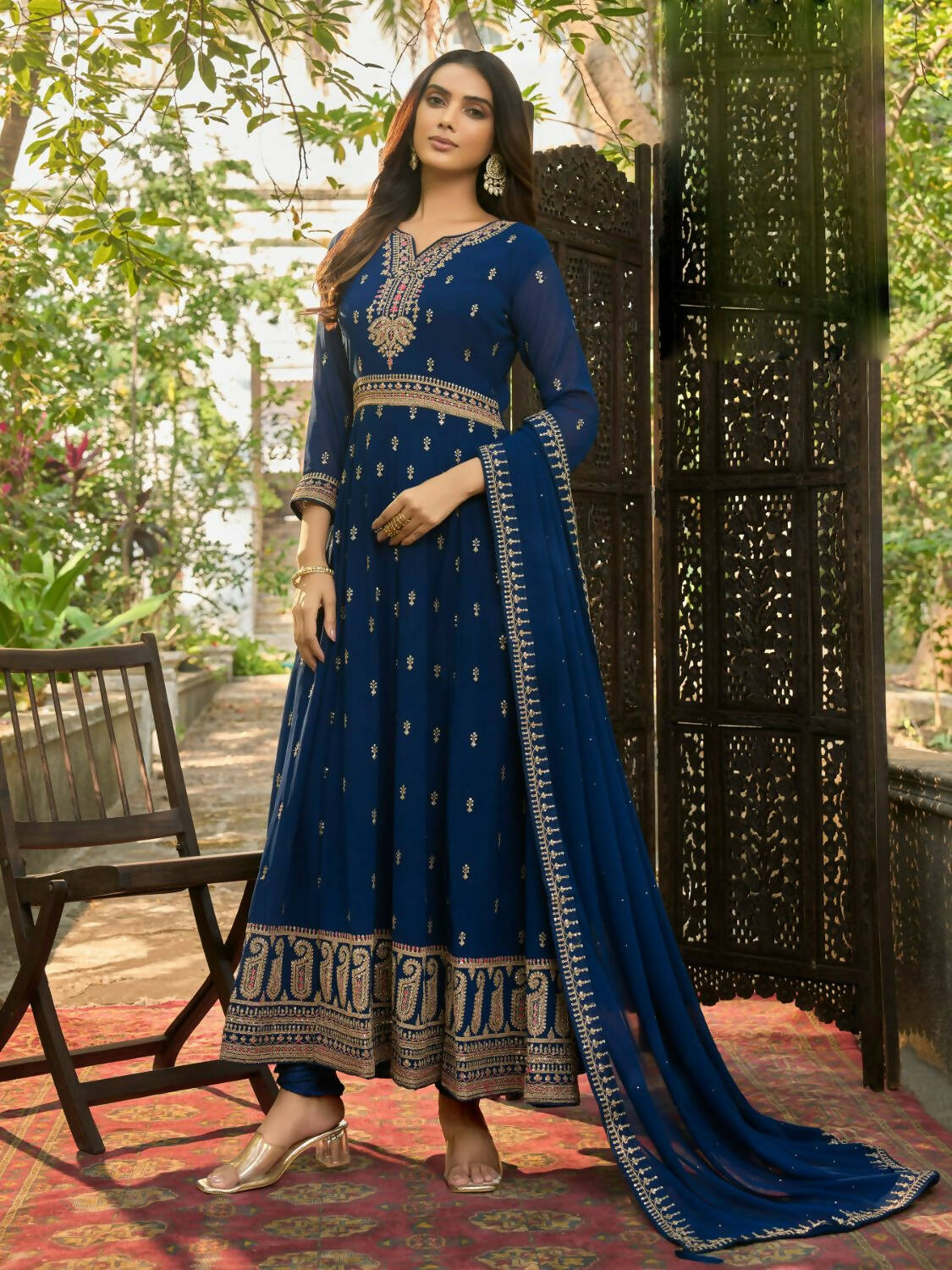 Blue Heavy Faux Georgette Anarkali Embroidered Kurta Set - Dhvani