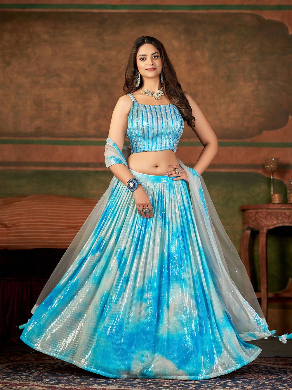 Wedding Designer Sky Nylon Georgette Readymade Lehenga Choli - Anbazaar