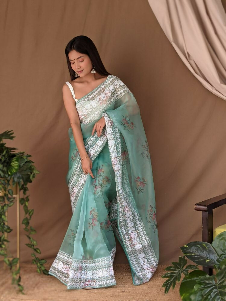 Vamsee White Border C-Green Organza Saree