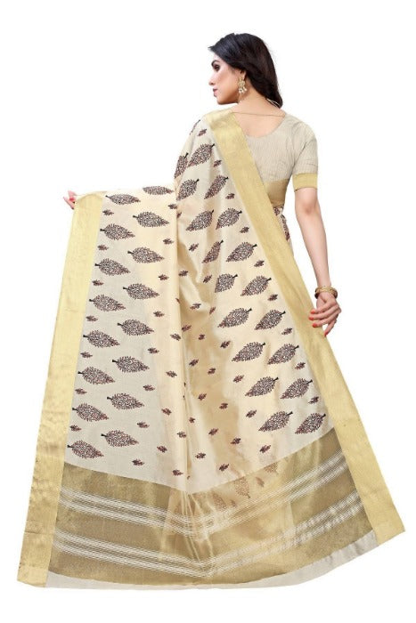 Vamika Cotton Polyester Silk Weaving Cream Saree (KERALA CRISMISTMAS)