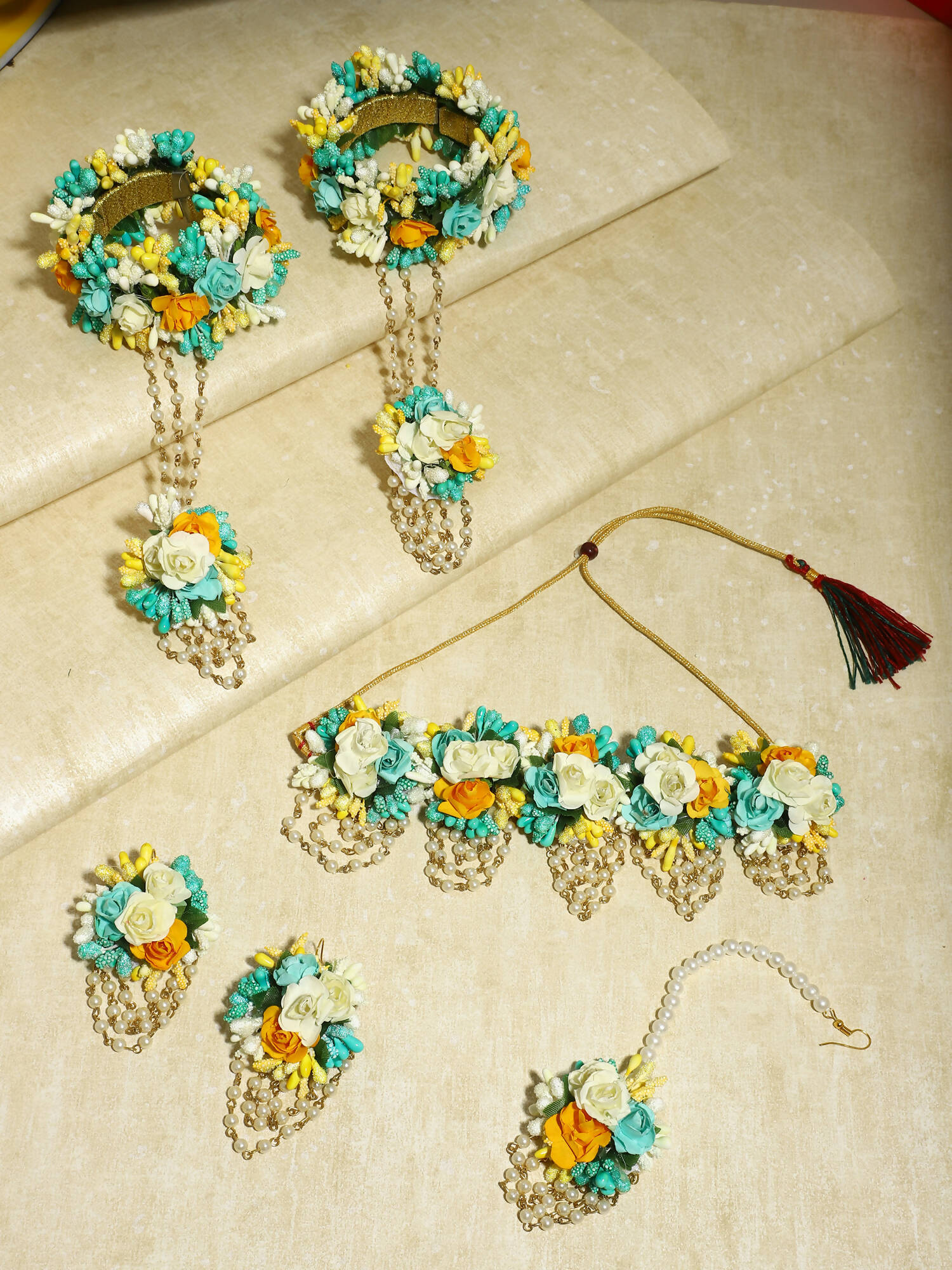 Flower Jewellery Gold-Polished Turquoise Blue Floral Jewellery Set - Ruby Raang