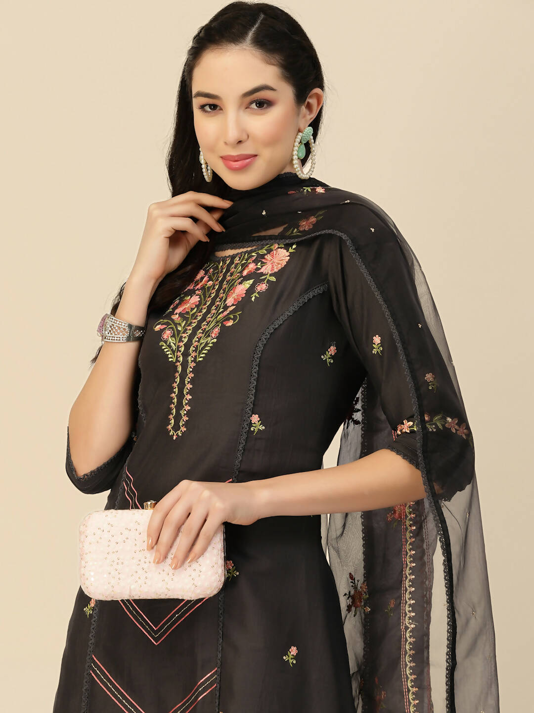 Black Embroidered Chinon Straight Kurta With Trouser & Dupatta - Salimar