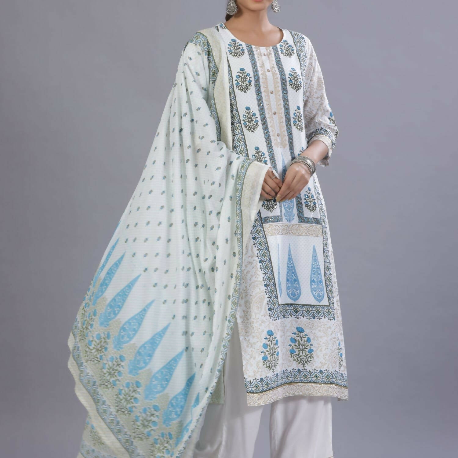 Juniper Women Blue Rayon Printed Kurta, Pants and Dupatta Set