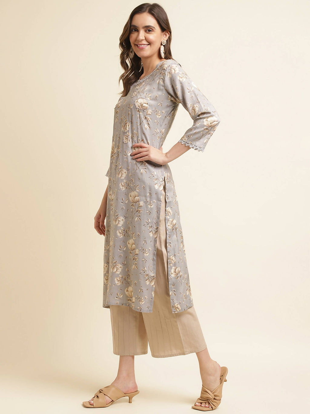 Grey Poly Rayon Floral Printed Straight Kurta - Prasuti
