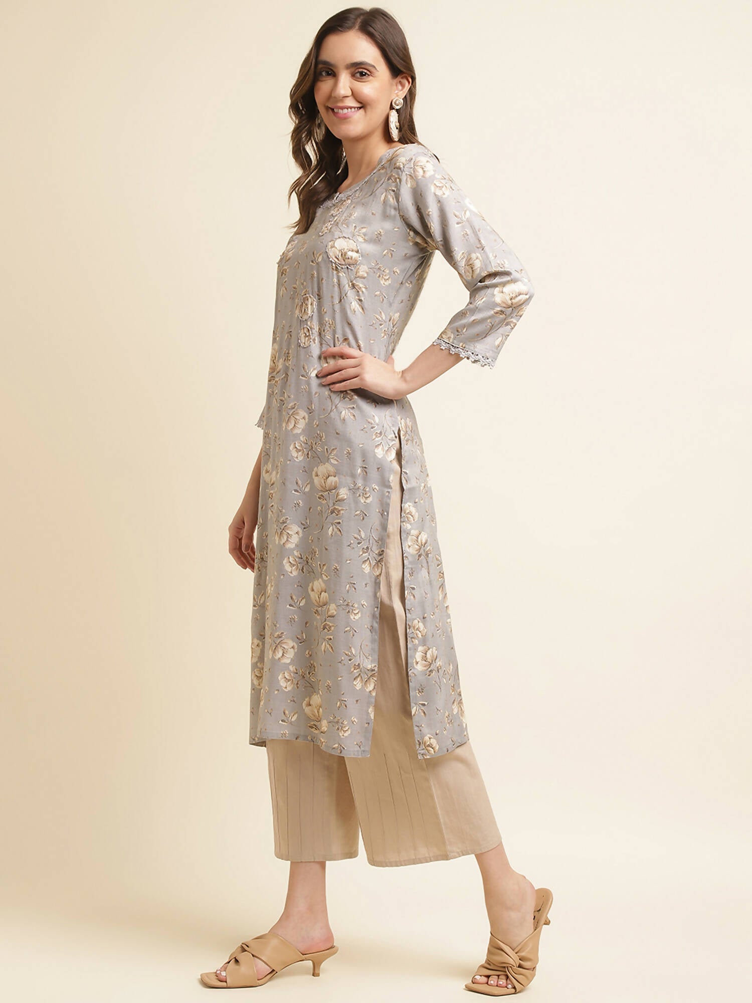 Grey Poly Rayon Floral Printed Straight Kurta - Prasuti