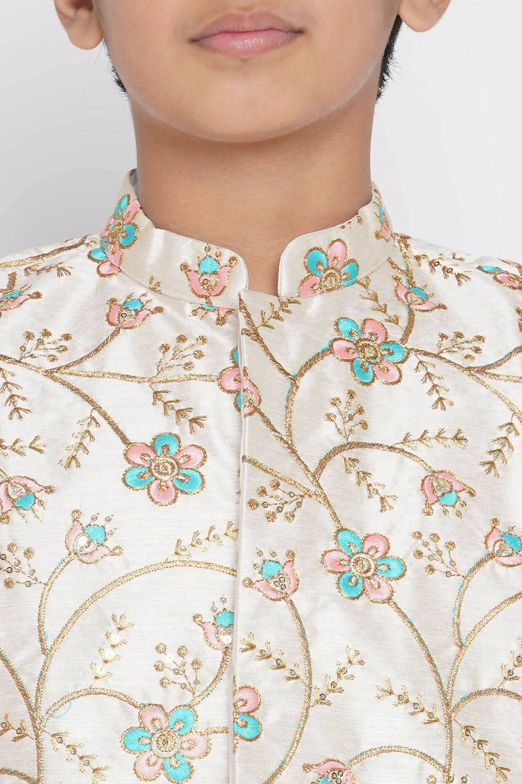 Little Bansi Banarsi Silk Pink Blue Floral Embroidery Jacket With Cotton Kantha kurta And Kantha Dhoti - Cream
