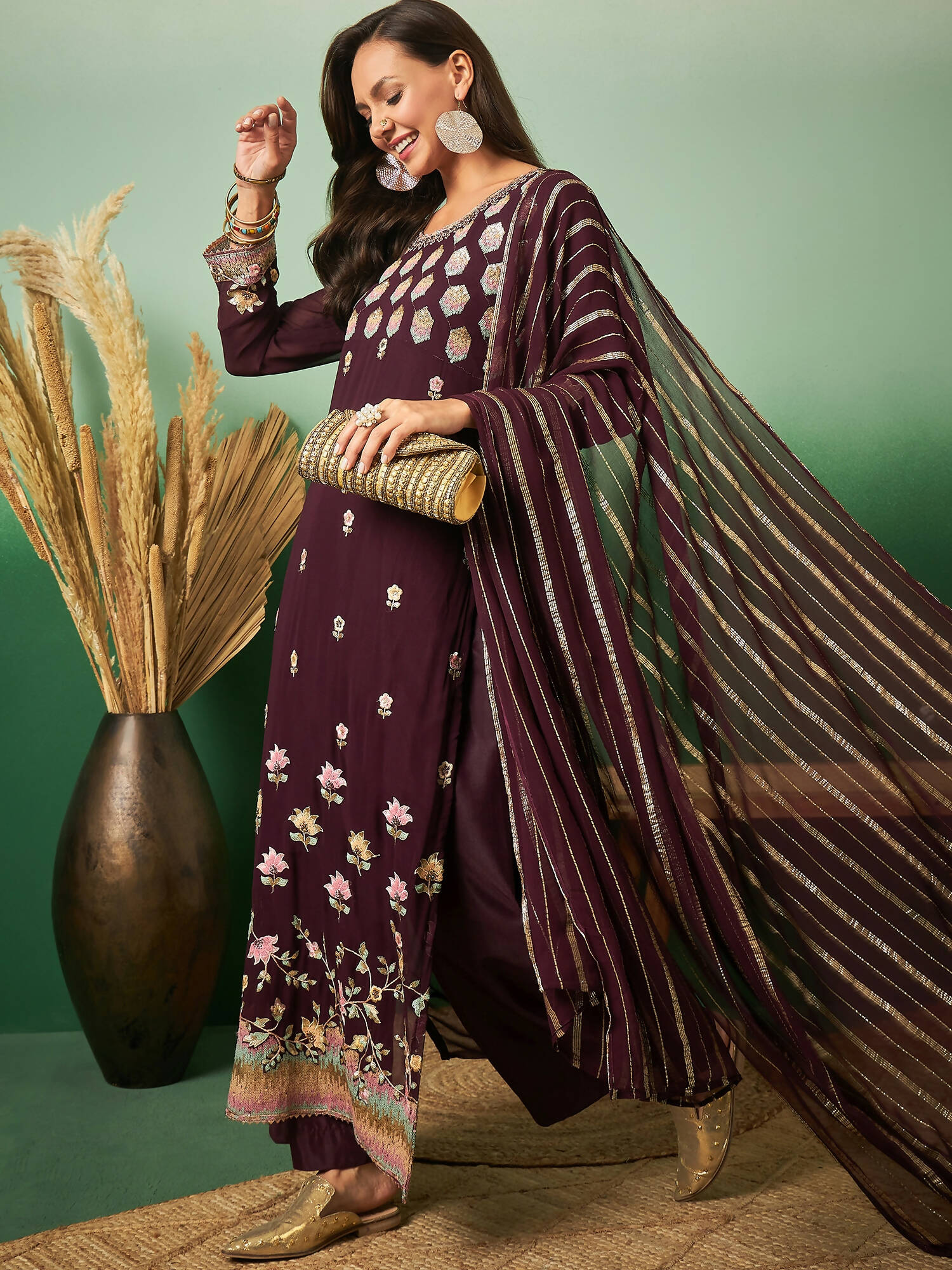 Wine Georgette Handwork Unstitched Dress Material - Hanika