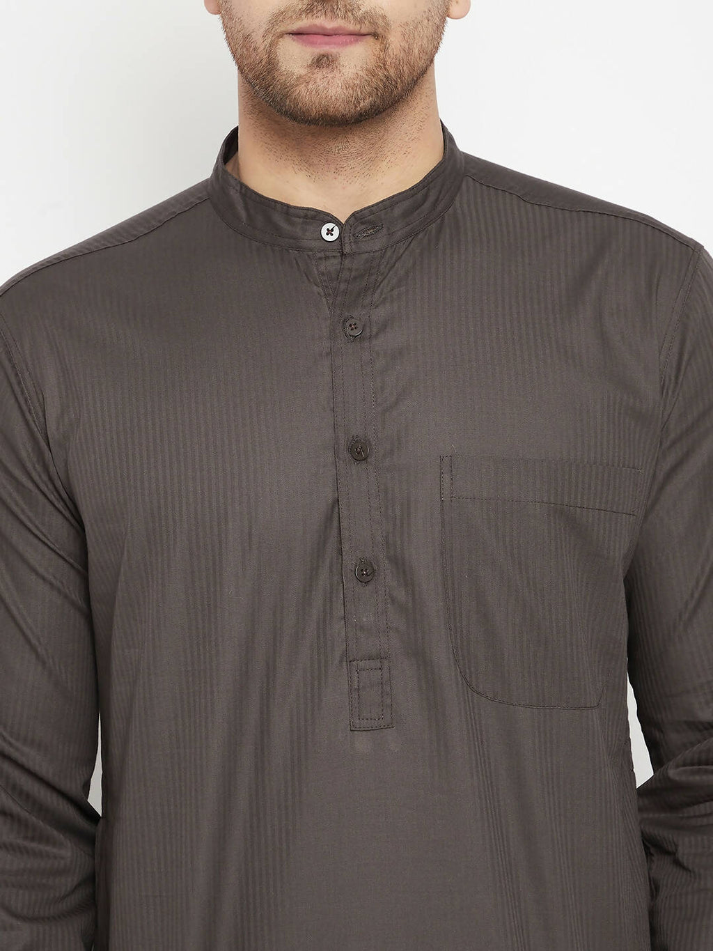 Even Apparels Brown Color Pure Cotton Long Men's Kurta With Band Collar