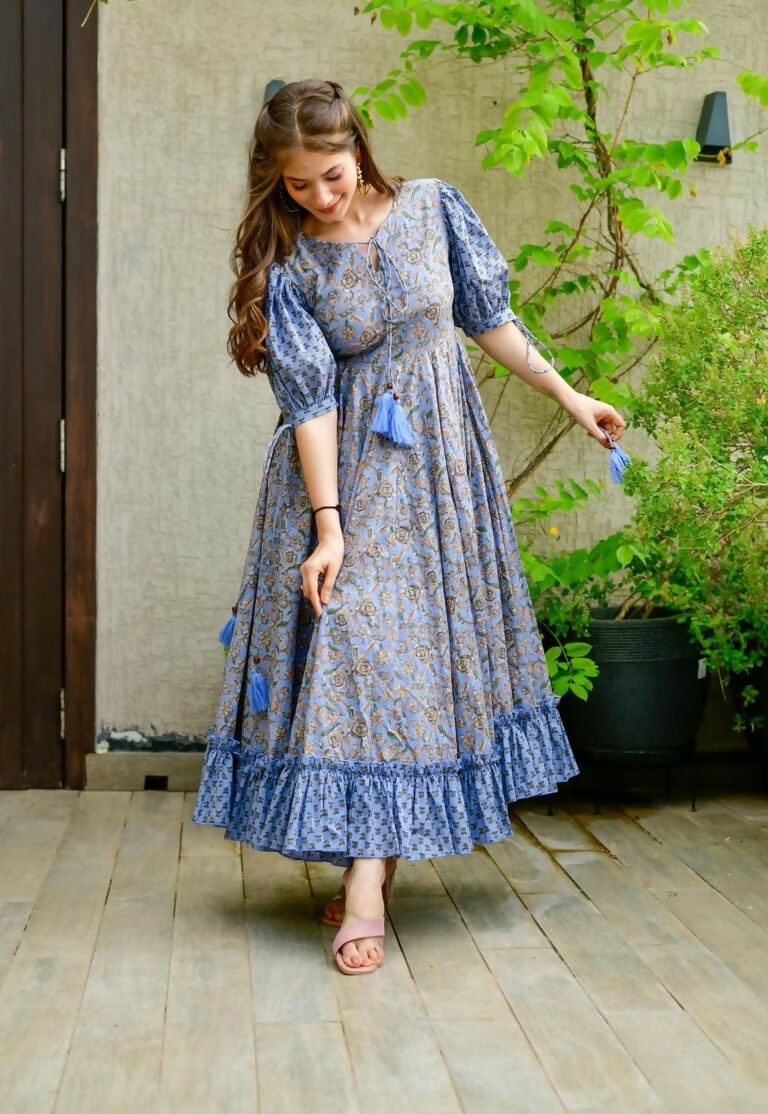 Jyoti Fashion Women's Blue Heavy Digital Printed Cotton Silk Anarkali Dress