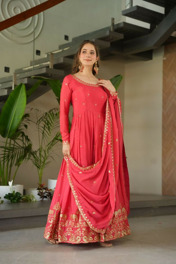 Vastranavya Gajri Chinnon with Embroidery Zari Sequins Work Gown