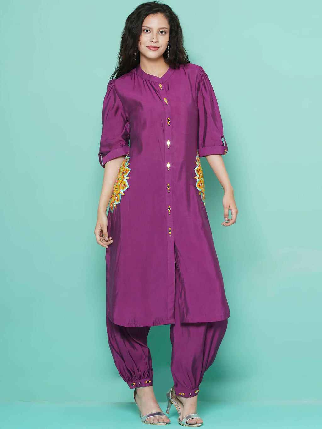 Women Republic Purple Art Silk Embroidered Kurta with Afghani Salwar