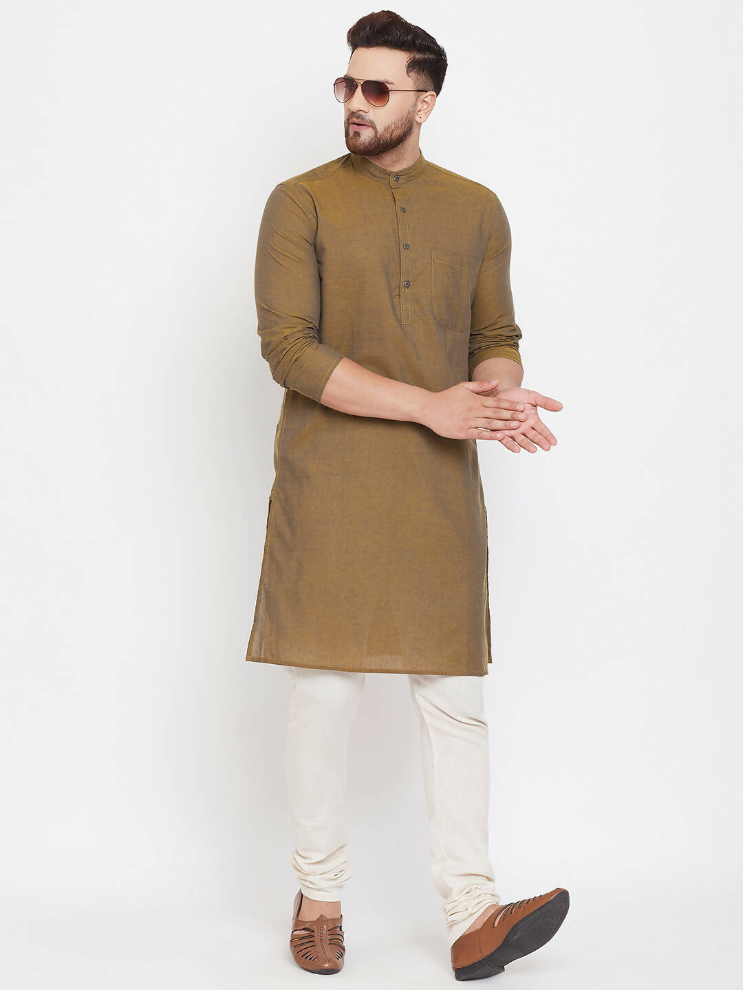 Even Apparels Brown Pure Cotton Men's Kurta With Band Collar