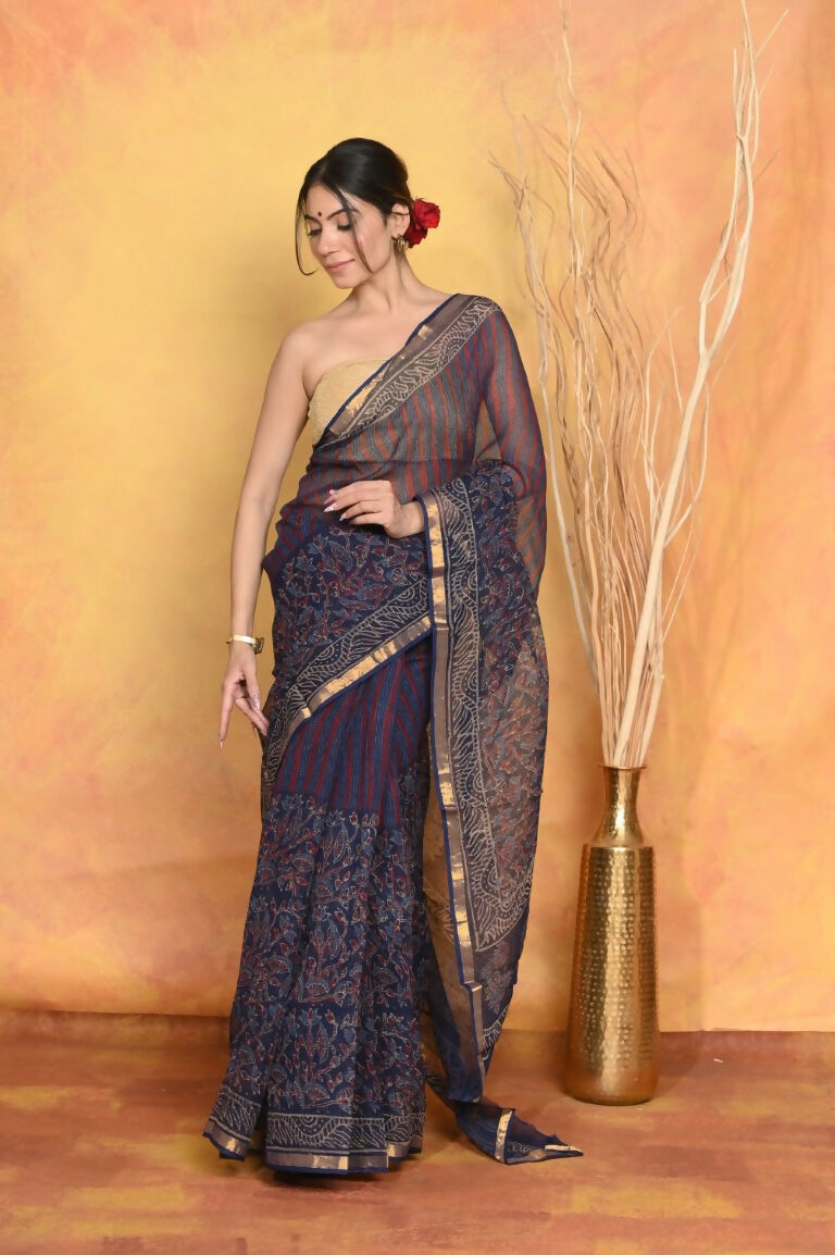 Very Much Indian Pure Kota Cotton Handblock Printed Saree - Dark Blue