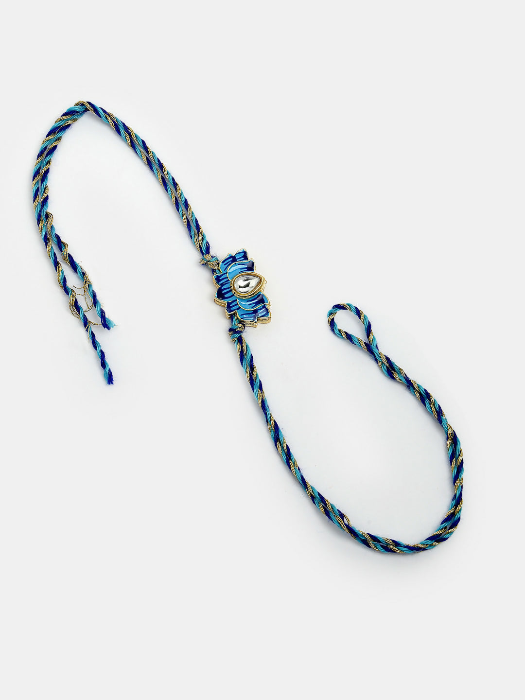 NVR Women & Men Set of 2 Blue Lotus Shape Kundan-Studded & Beaded Handcrafted Wraparound Rakhi Set With Roli Chawal