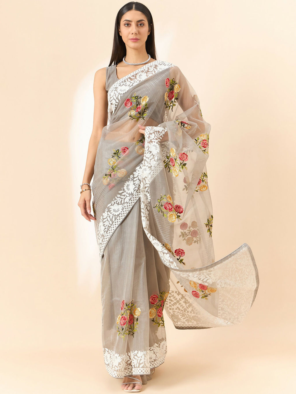 Grey Organza Floral Embroidered Saree with Unstitched Blouse Piece - Roozal