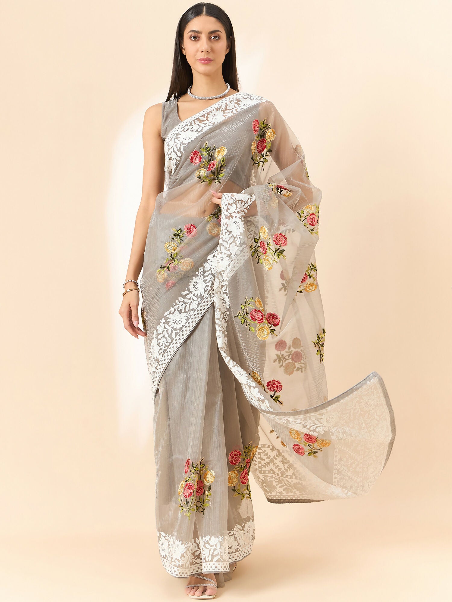 Grey Organza Floral Embroidered Saree with Unstitched Blouse Piece - Roozal
