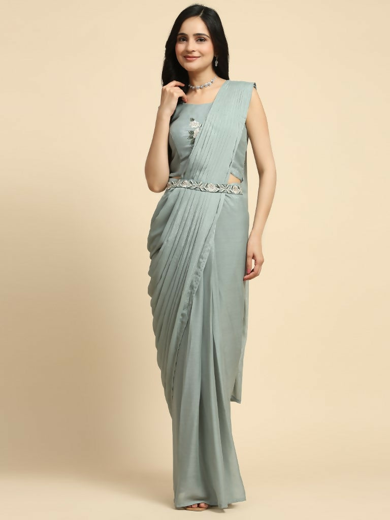 Sea Green Chiffon Solid Ready to wear Saree with stitched Blouse - Aayan