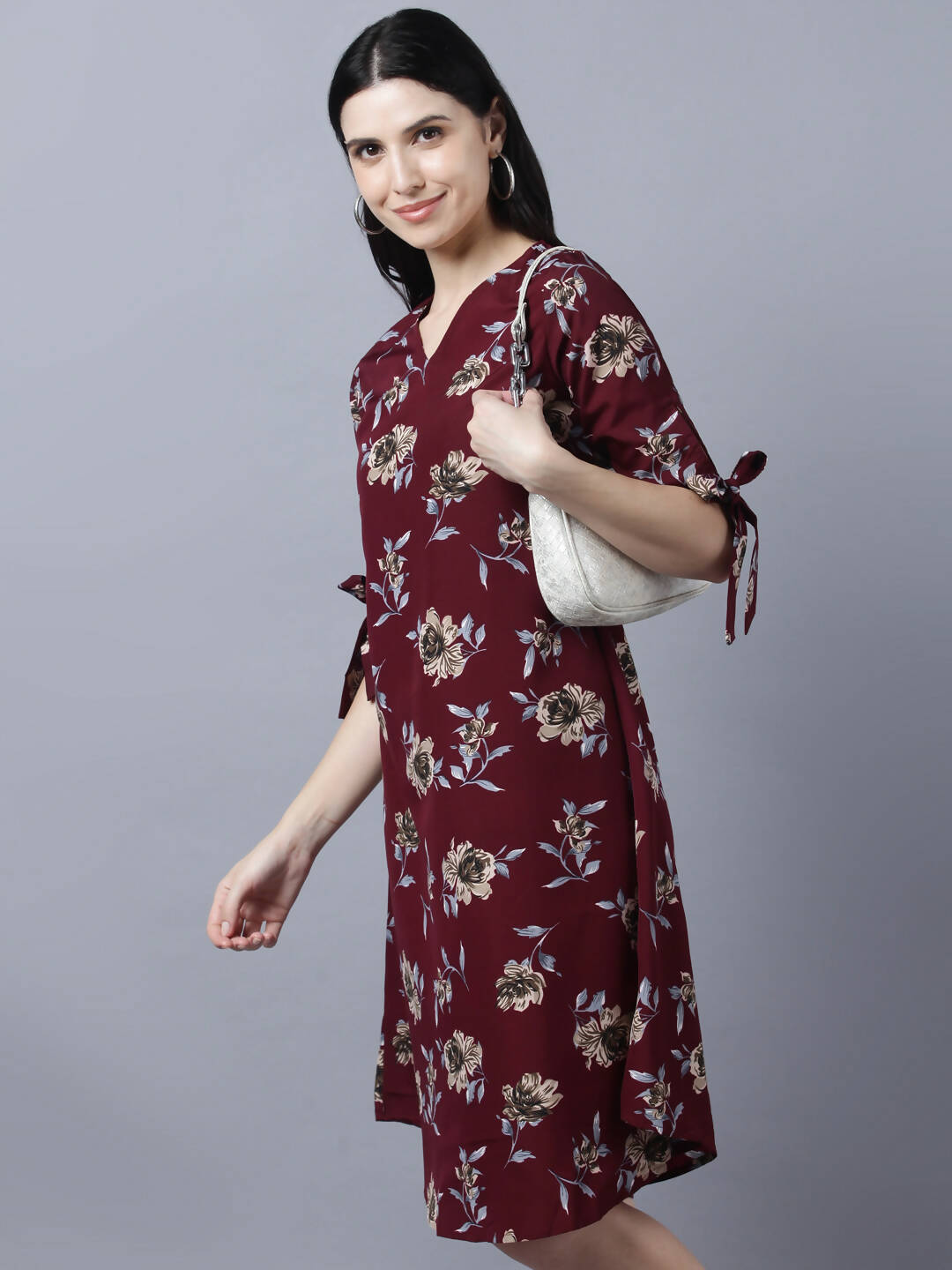 Myshka Women Burgundy Beige Floral Print A-line Dress
