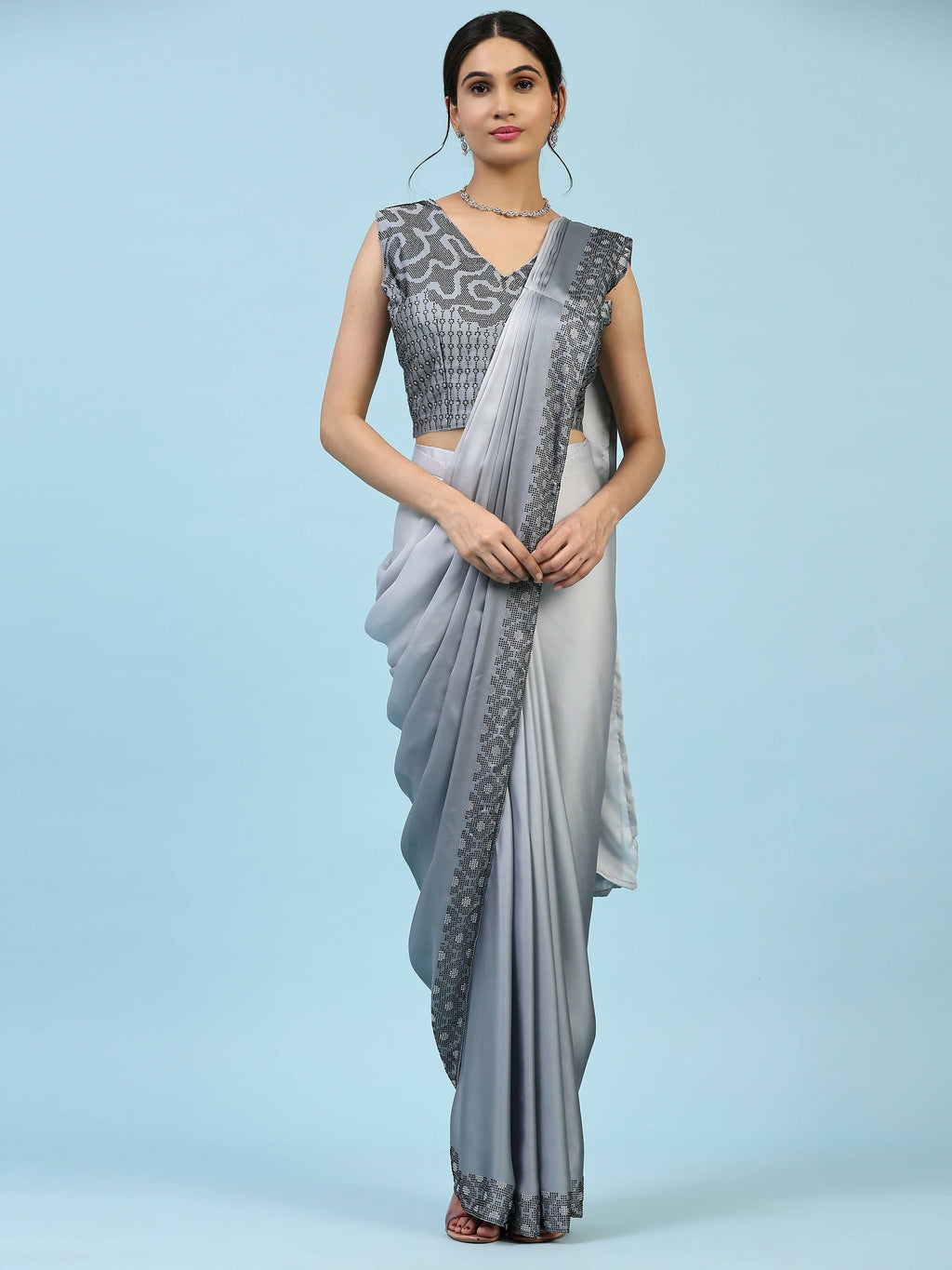 Grey Ombre Satin Georgette Plain Ready to wear Saree with stitched Blouse - Vrinda