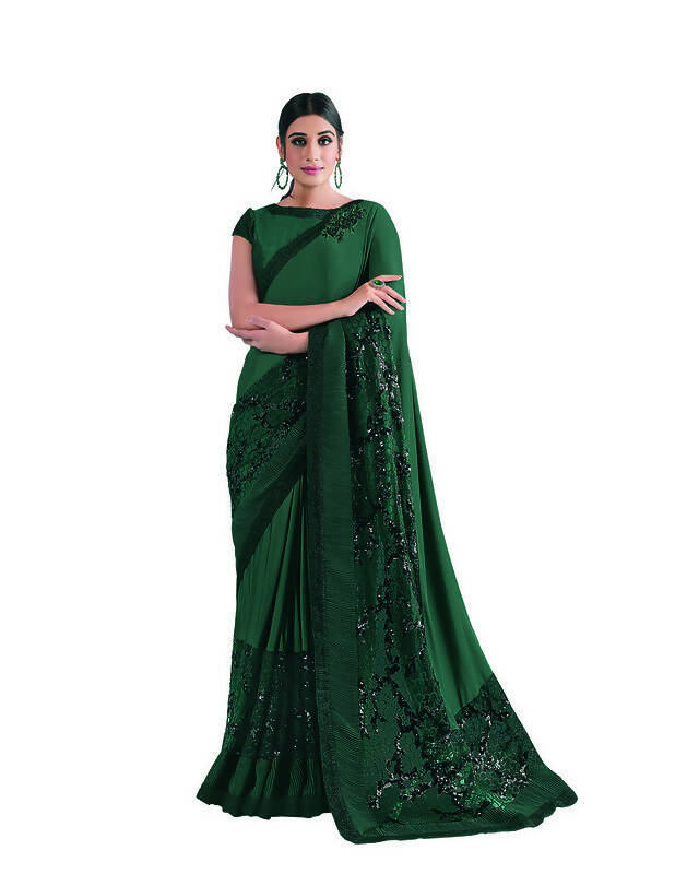 Green Lycra sequence Saree with Unstitched Blouse Piece - Norita Elaura