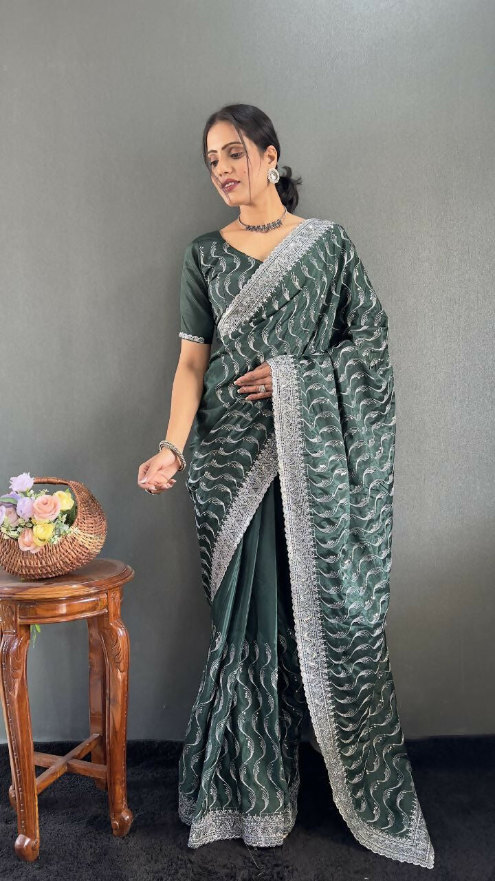 Vastranavya Sea Green Chinnon Silk Embroidery Multi Sequence & Arco Cut Work Ready to Wear Saree