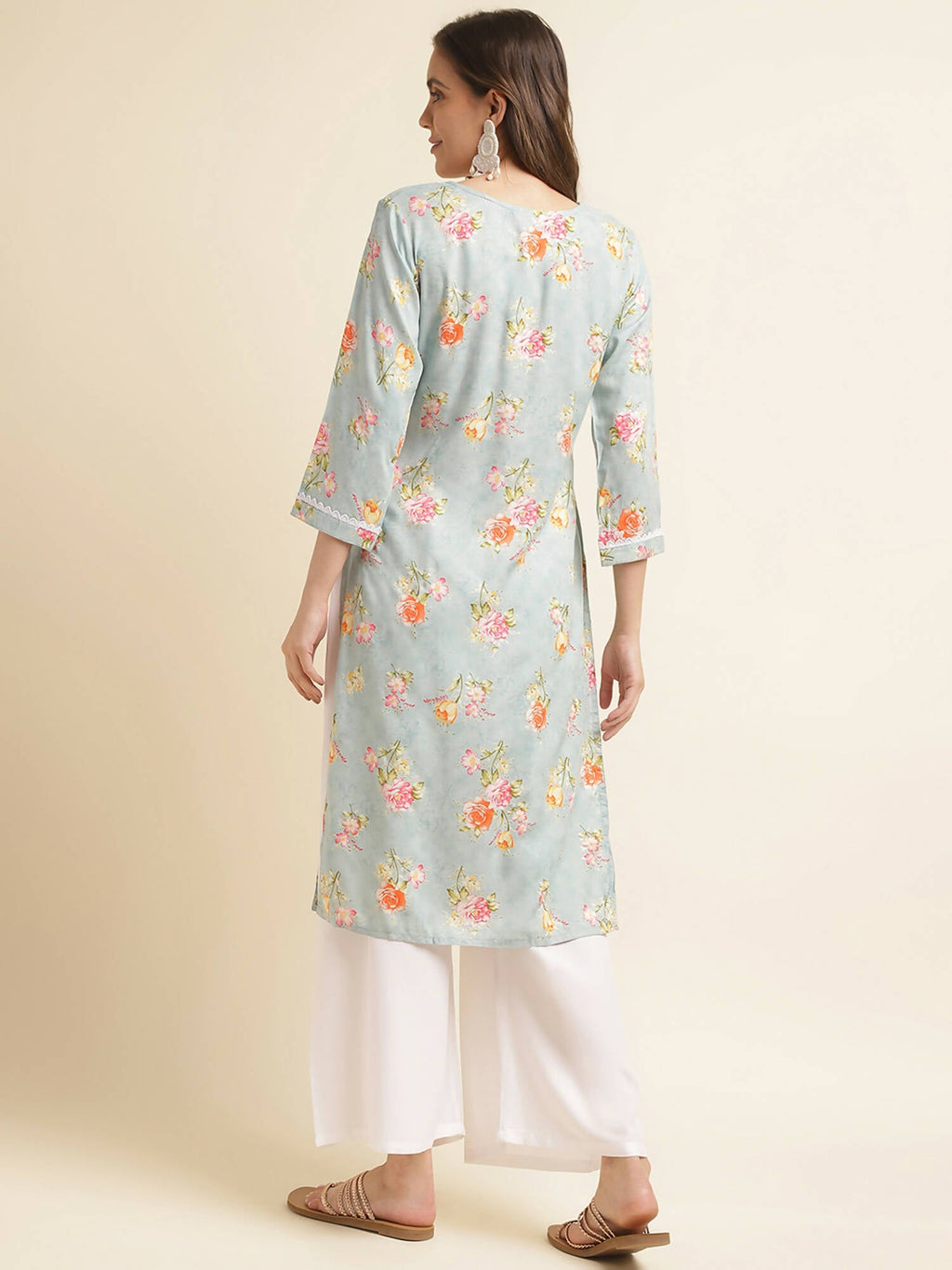 Blue Poly Rayon Floral Printed Straight Kurta - Prasuti