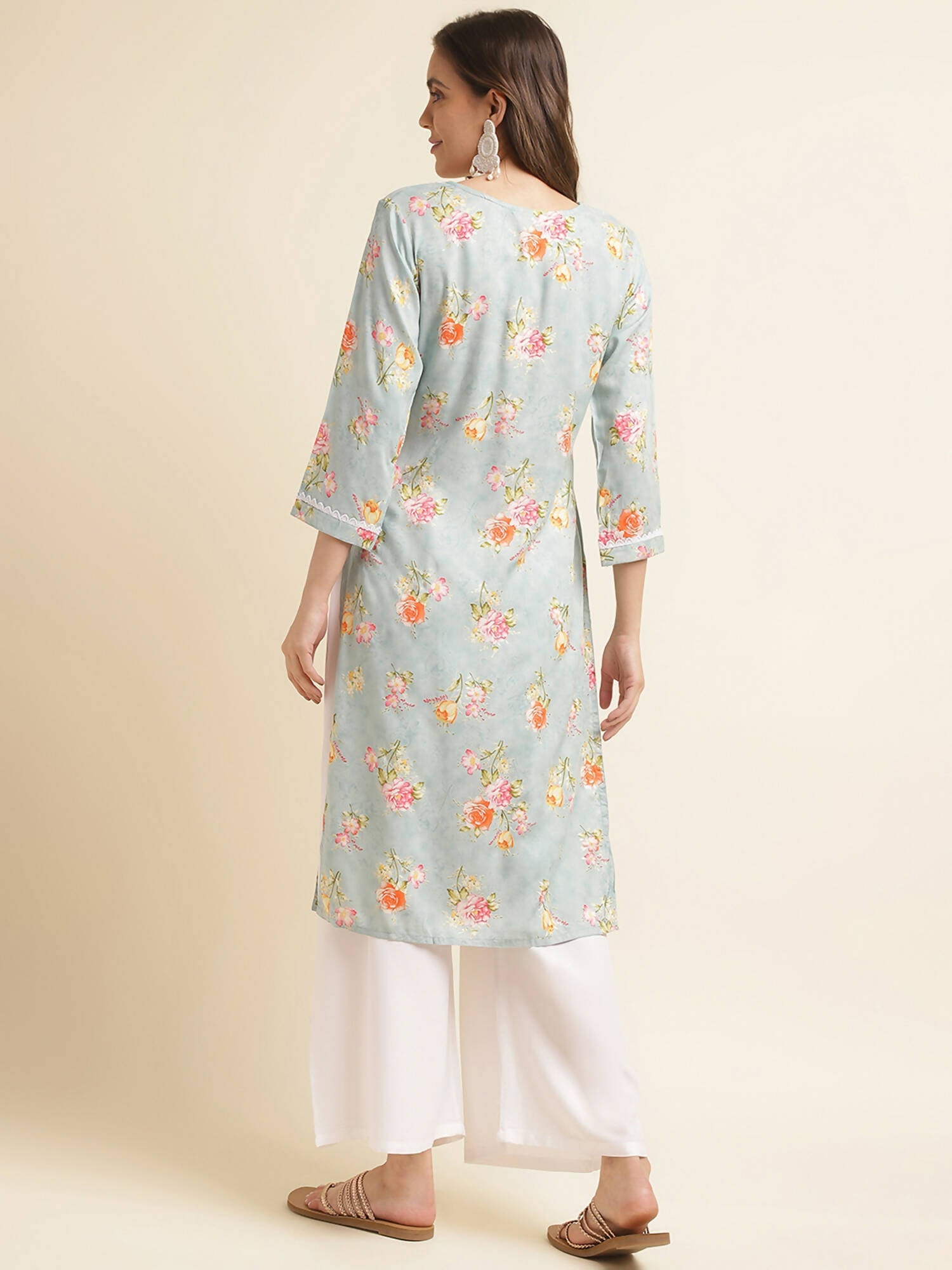 Blue Poly Rayon Floral Printed Straight Kurta - Prasuti