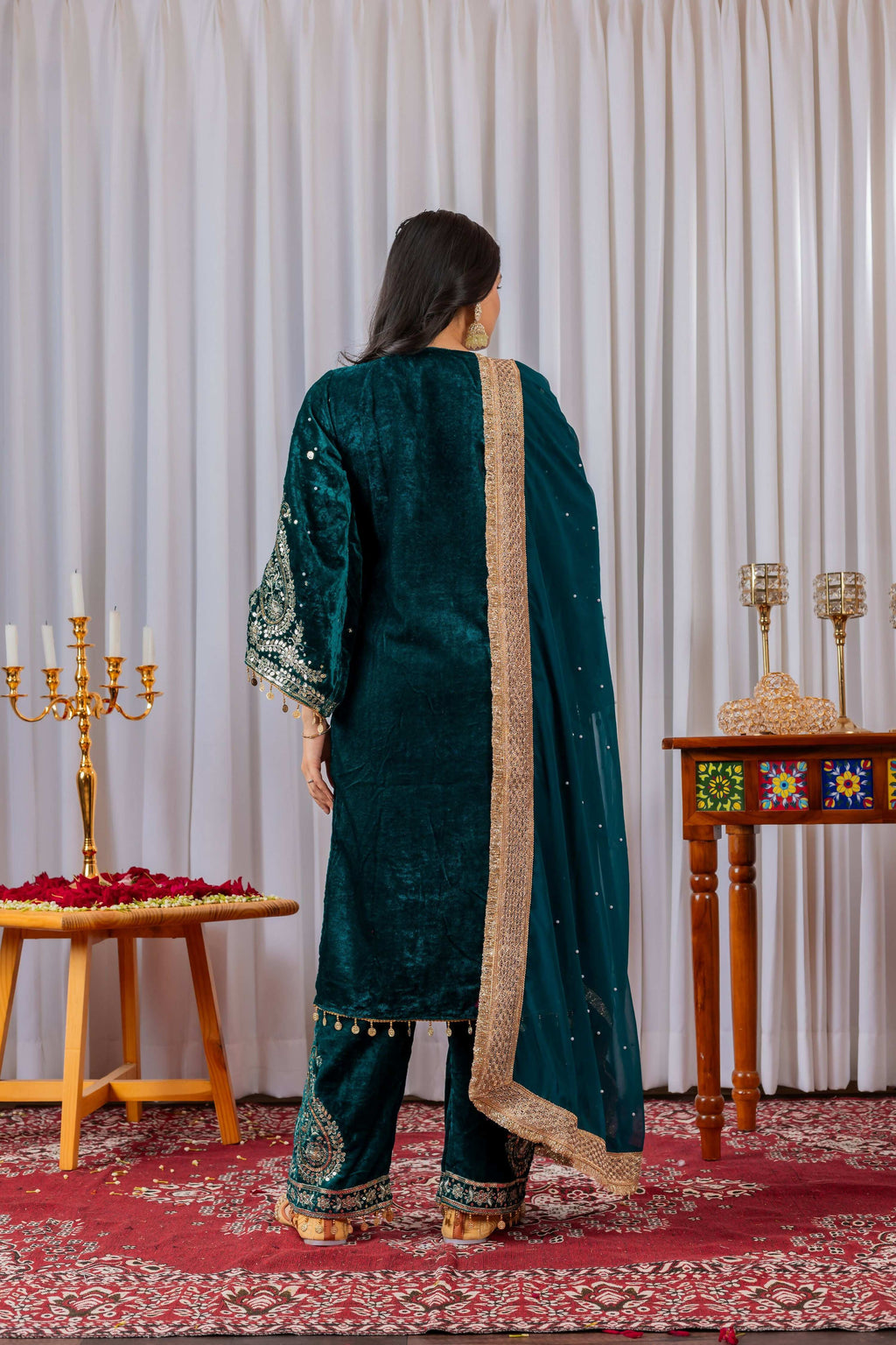 Teeya Creation Teal Color Velvet Silk Embroidery Work Party Wear Suit