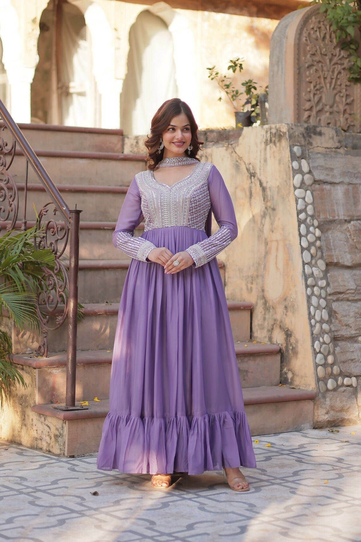 Joban Fashion Lavender Georgette Sequence Embroidery Work Kurta Set