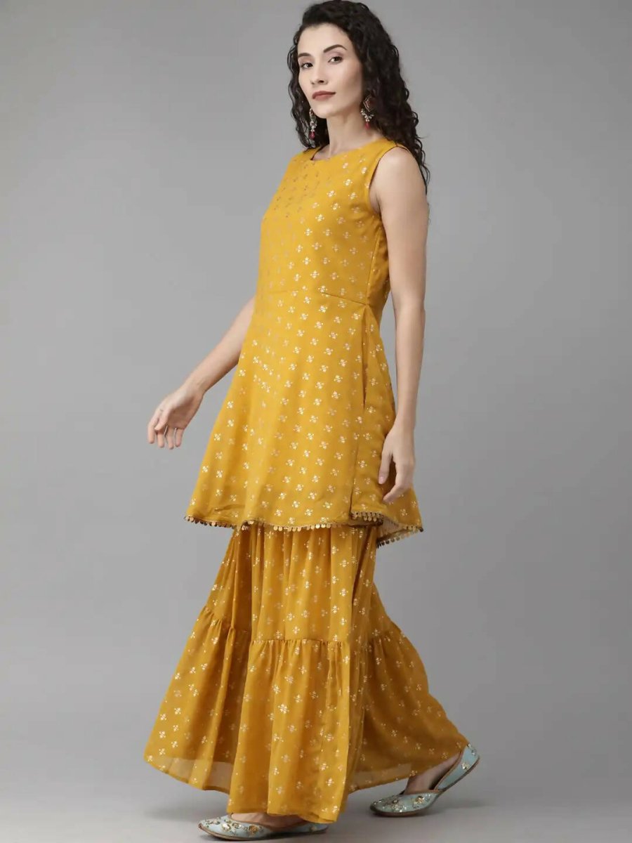 Ahalyaa Mustard Georgette Gold Foil Print Peplum Kurta Sharara Set With Dupatta