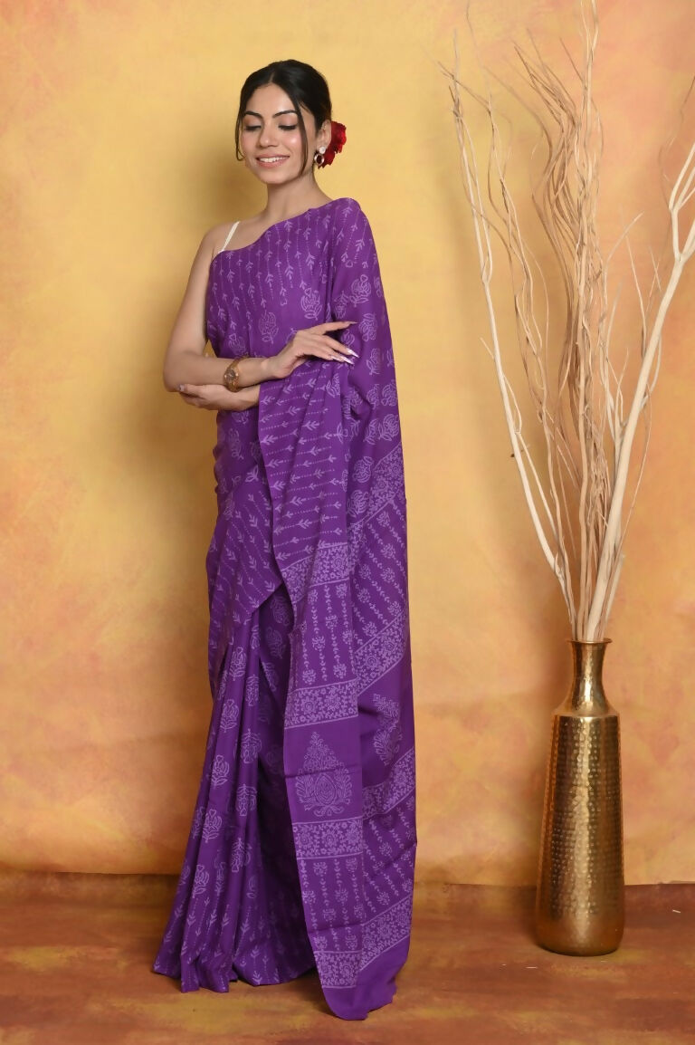 Very Much Indian Handblock Printed Cotton Saree With Natural Dyes - Purple