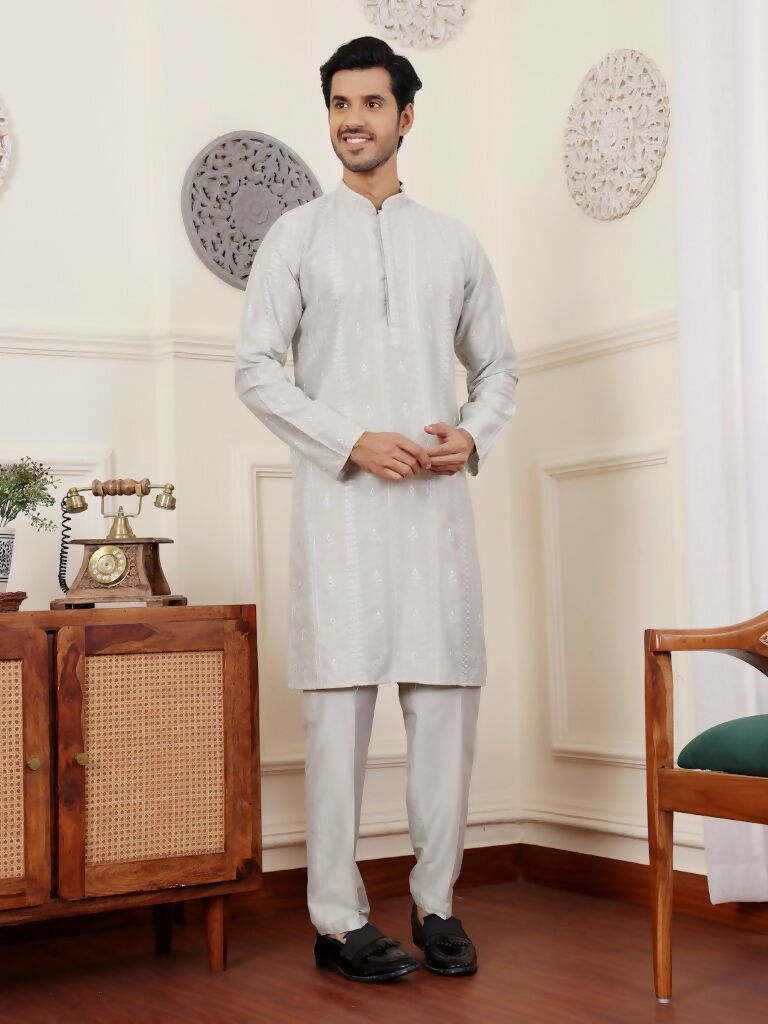 Light Green Silk Designer Embroidery Work Men's Rajwadi Kurta Set - Mahotsav