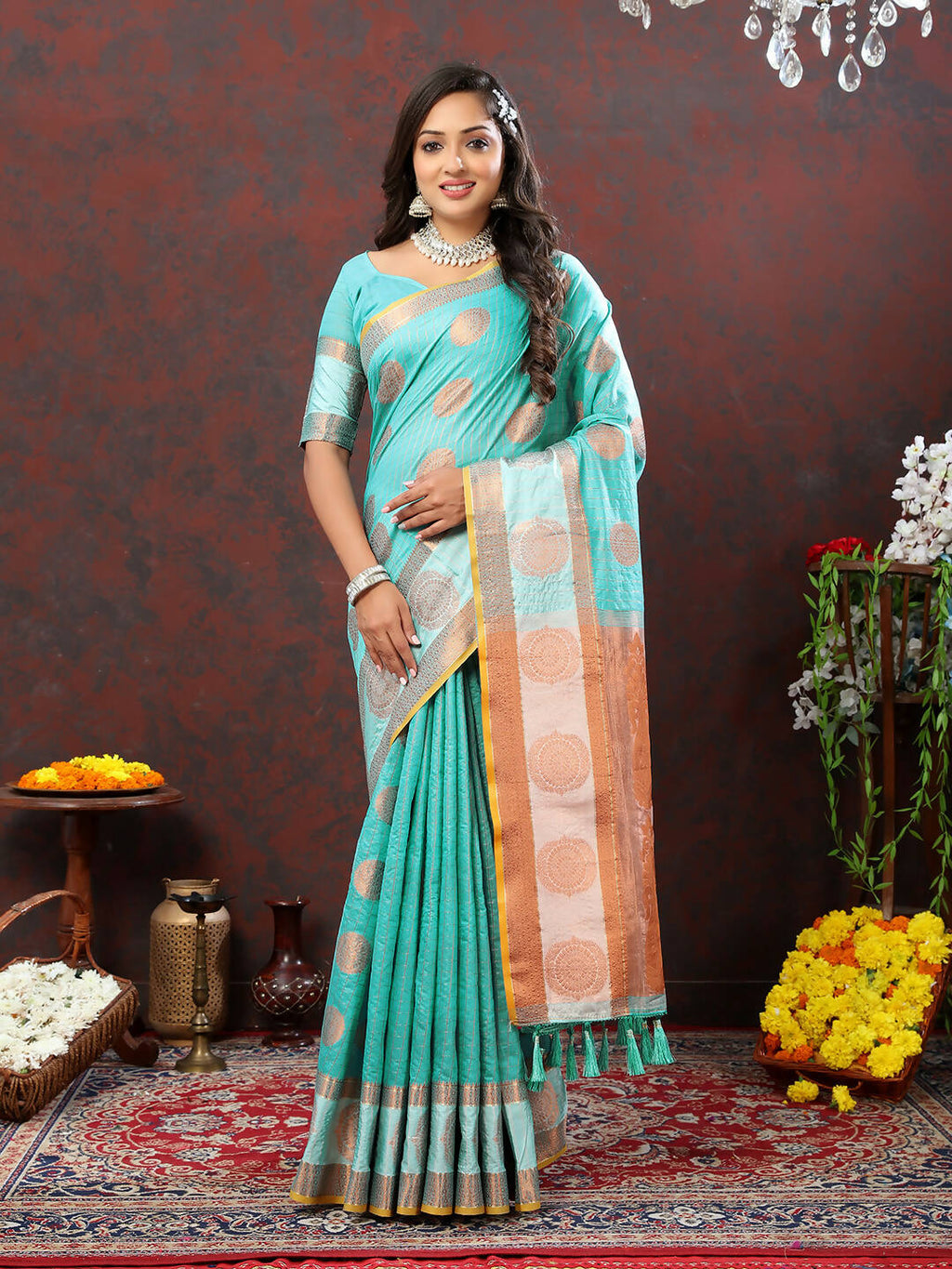Lorenvalley Fashion Skyblue Cotton with Woven Design Zari Weaving Saree