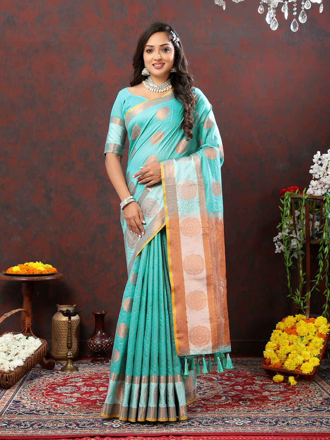 Lorenvalley Fashion Skyblue Cotton with Woven Design Zari Weaving Saree