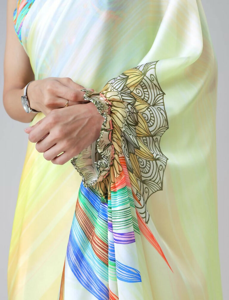 Vastranavya Ombre Yellow Multi-Color Leaves Mandalaa Print Freehand Ready to Wear Saree