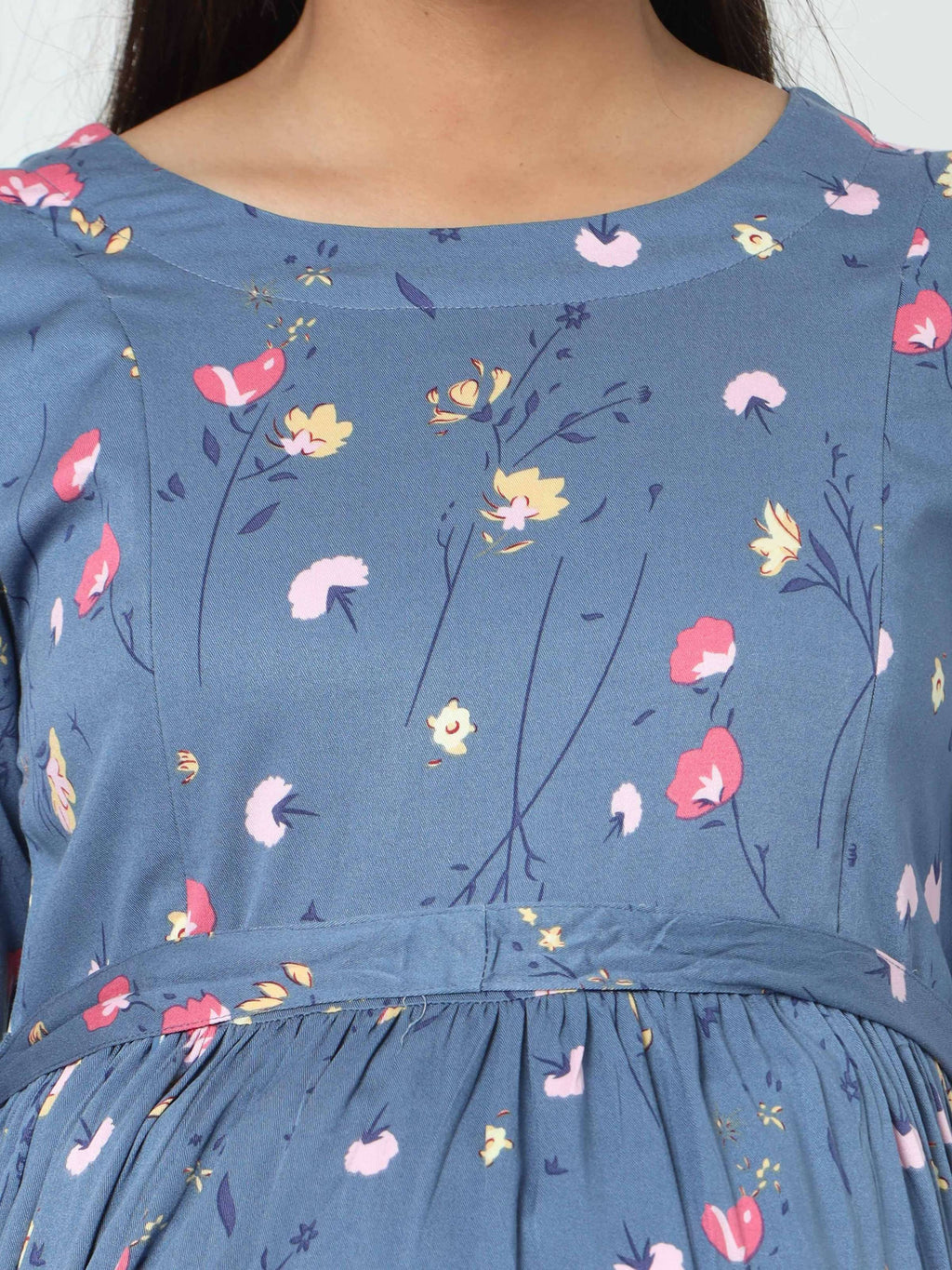 Manet Three Fourth Maternity Dress Floral Print With Concealed Zipper Nursing Access - Dark Grey