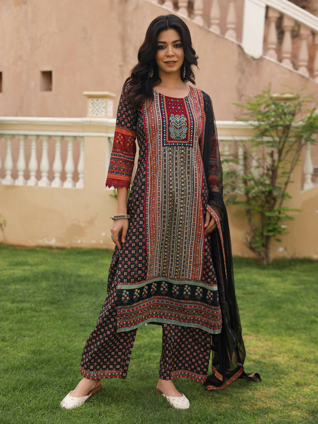 Juniper Women's Black Ethnic Motif Printed Rayon Kurta Palazzo And Dupatta With Mirror & Thread Work