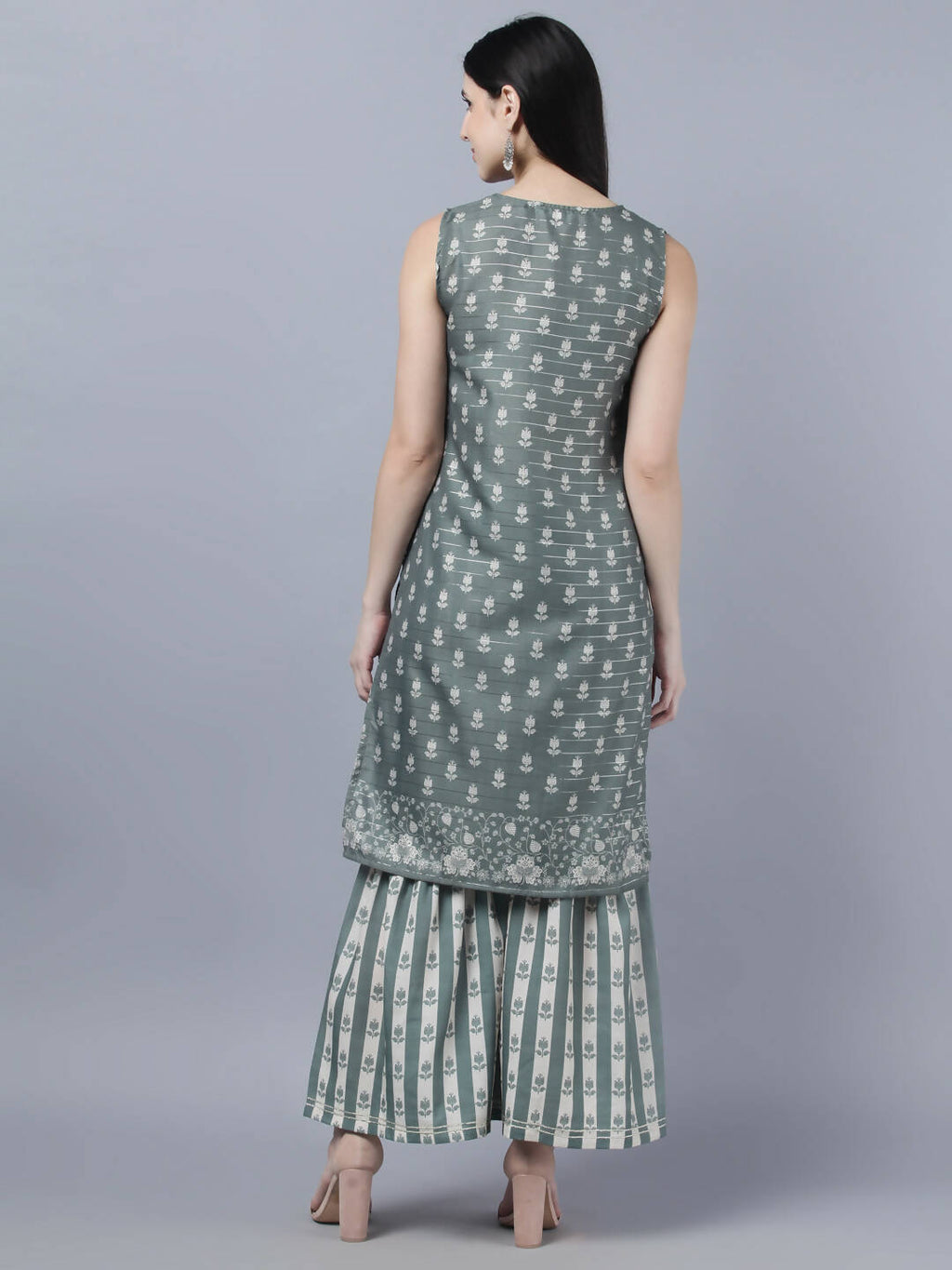 Myshka Women Grey Ethnic Motifs Printed Kurta with Shararas With Dupatta Set