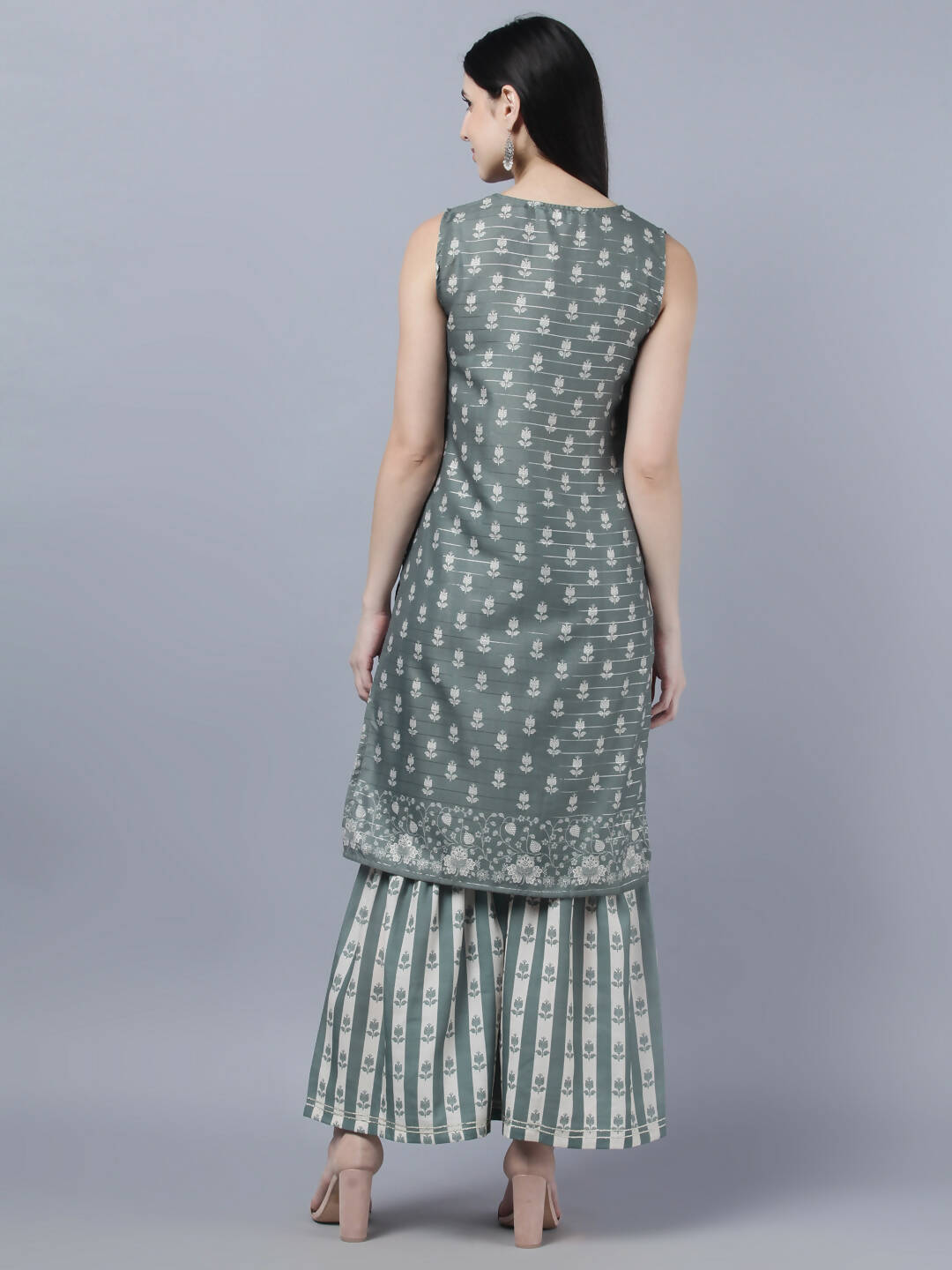Myshka Women Grey Ethnic Motifs Printed Kurta with Shararas With Dupatta Set