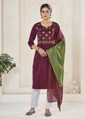 Jyoti Fashion Women's Wine Pure Viscose Weaving Stripe with Embroidery Kurta Set