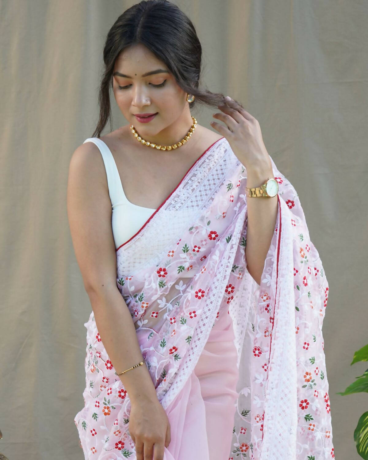 Vamsee Baby Pink Organza Saree