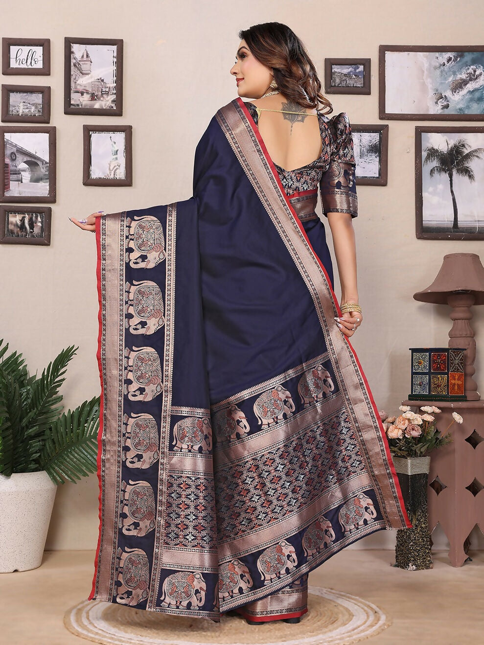 Joban Fashion Dark Blue Solid Banarasi Silk Sarees