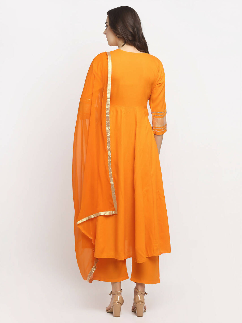 Rudra Bazaar Orange Anarkali Lace Work Kurta with Pyjamas & Dupatta