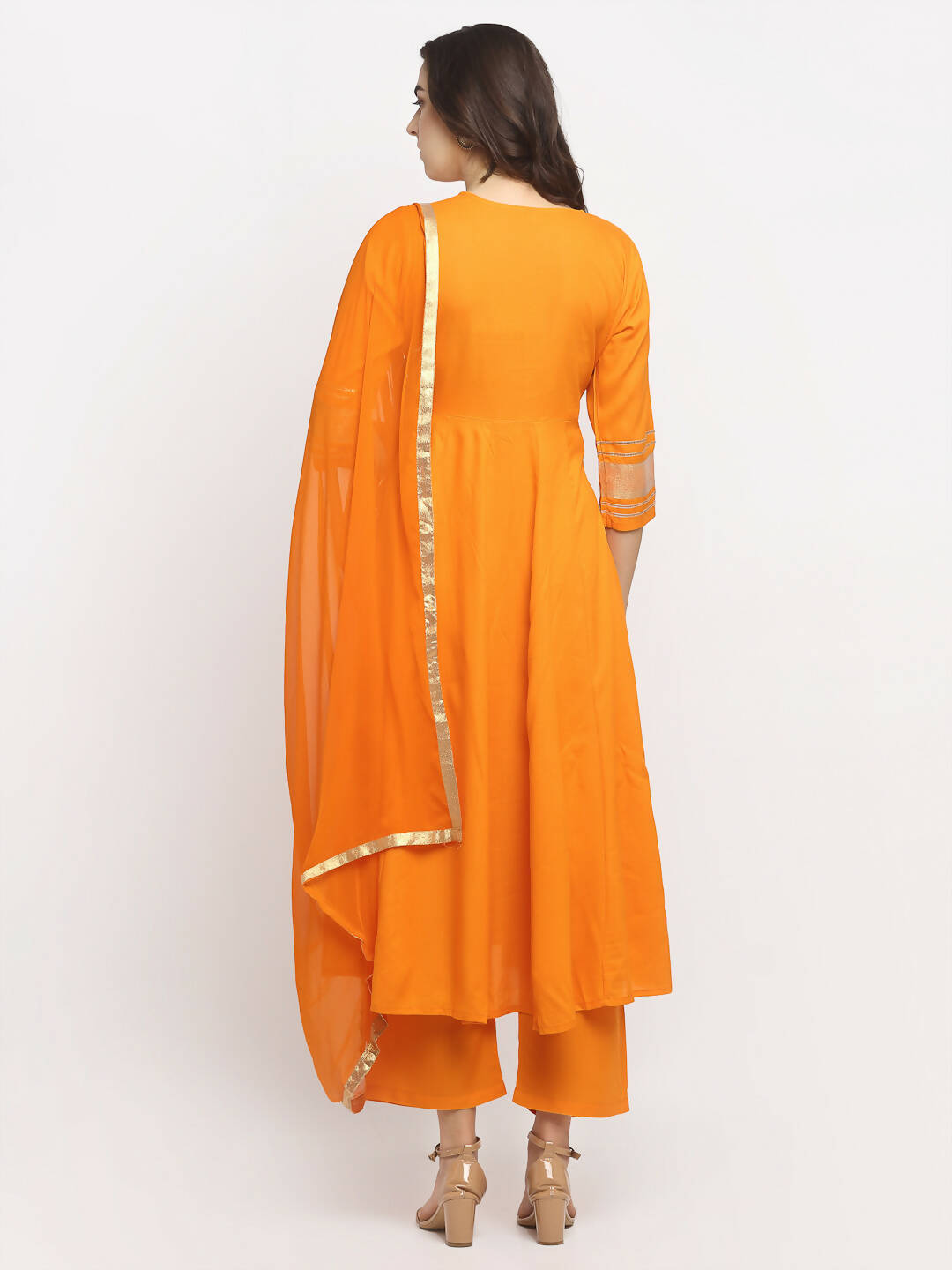 Rudra Bazaar Orange Anarkali Lace Work Kurta with Pyjamas & Dupatta